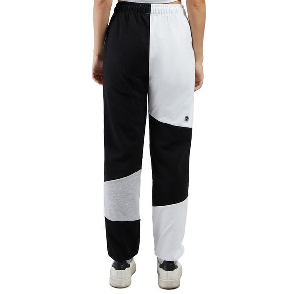 A back shot of the sweatpants with black, white, and gray patchwork.